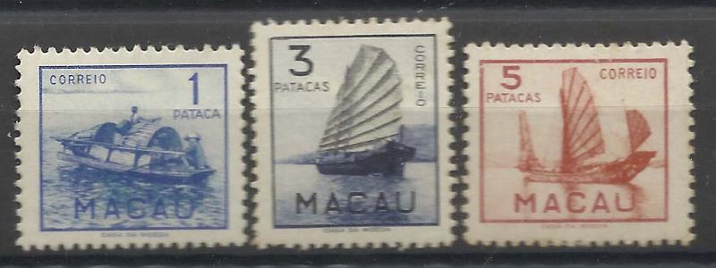 1670.jpg -     Lote:    1670            Macau        Descrição:         1951 &mdash; Embarcações Típicas de Macau. CE363/365. Série completa. Goma com ligeiras imperfeições nos selos de 3 e 5P. Valor de catálogo &euro; 300,00. Lote a ver.         ***       Valor Base:     &euro; 25,00     Valor Venda:     &euro; 75,00       