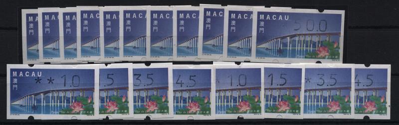1676.jpg -     Lote:    1676            Macau        Descrição:         1999 &mdash; Obras e Edifícios modernos. CE ETQ2. Duas séries completas 1,0/4,50 + 11 etiquetas com valores não catalogados de 0,50 a 50,00. Novas.         ETQ       Valor Base:     &euro; 18,00     Valor Venda:     &euro; 18,00       