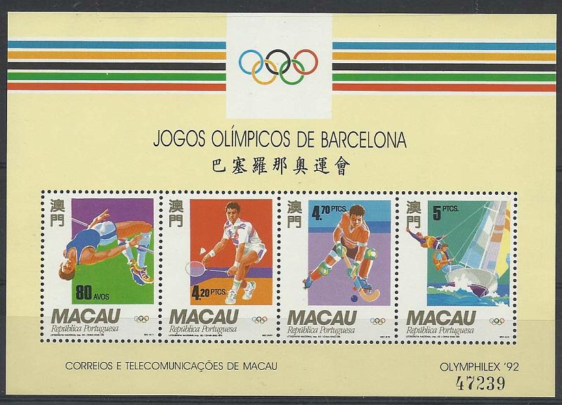 1689.jpg -     Lote:    1689            Macau        Descrição:         1992 &mdash; Jogos Olímpicos de Barcelona. CE BLC19. Valor de catálogo &euro; 25,00.         BLC***       Valor Base:     &euro; 10,00     Valor Venda:     &euro; 18,00       