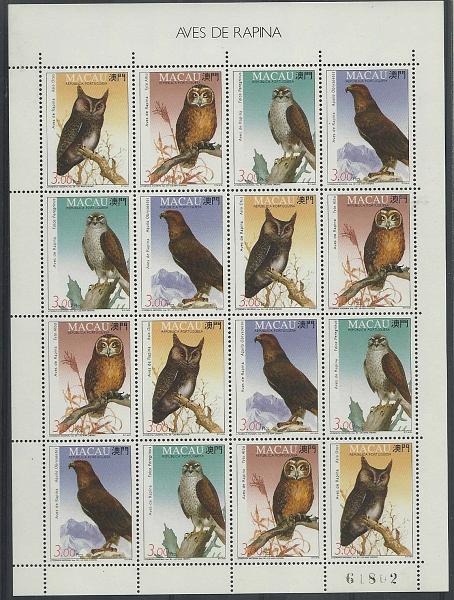 1691.jpg -     Lote:    1691            Macau        Descrição:         Aves de Rapina. Folhas miniatura. CE FM13. Valor de catálogo &euro; 25,00.         ***       Valor Base:     &euro; 10,00     Valor Venda:     &euro; 12,00       
