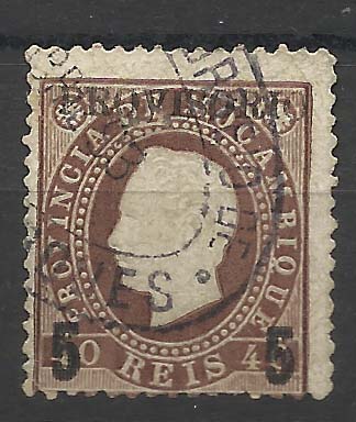 1702.jpg -     Lote:    1702            Moçambique        Descrição:         1893 &mdash; D. Luís, fita direita, com sobretaxa. CE27, 5r s/ 40r castanho vermelho. Algarismo "5" com 4 &frac12; cm de altura.. Selo com transparência ao centro, porém muito raro. Valor de catálogo &euro; 260,00.         O       Valor Base:     &euro; 35,00     Valor Venda:     &euro; 35,00       
