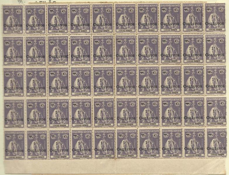 1714.jpg -     Lote:    1714            Lourenço Marques        Descrição:         1920/21 &mdash; Ceres, com sobretaxa. CE173, 1 &frac12; c s/ 2 12 c violeta. Lote composto por 2 blocos, um com 40 selos (5x8) e outro com 50 selos (5x10). Alguns pontos de óxido. Valor de catálogo &euro; 171,00.         ***       Valor Base:     &euro; 35,00     Valor Venda:     Retirado     