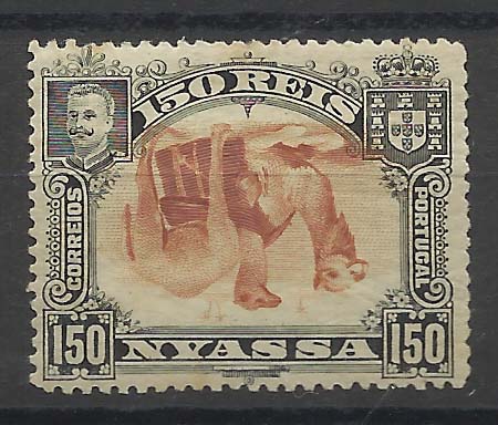 1724.jpg -     Lote:    1724            Companhia do Niassa        Descrição:         1901 &mdash; D. Carlos I (Camelos e Girafa). CE37, 150 reis com o centro invertido. Ligeiros pontos de óxido no verso. Valor de catálogo &euro; 160,00.         ***       Valor Base:     &euro; 25,00     Valor Venda:     &euro; 44,00       