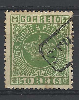 1734.jpg -     Lote:    1734            S. Tomé e Príncipe        Descrição:         1870/77 &mdash; Tipo Coroa. CE6, 50 reis verde, denteado 12 &frac12;, PAPEL ESPESSO, obliterado com carimbo nominativo "S. THOMÉ". Valor de catálogo &euro; 30,00.         O       Valor Base:     &euro; 10,00     Valor Venda:     &euro; 14,00       