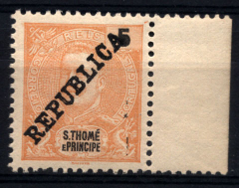 1738.jpg -     Lote:    1738            S. Tomé e Príncipe        Descrição:         1913 &mdash; D. Carlos I Mouchon com sobrecarga REPUBLICA local. CE147, 5 reis laranja. Valor de catálogo &euro; 57,00.         **       Valor Base:     &euro; 12,00     Valor Venda:     &euro; 32,00       
