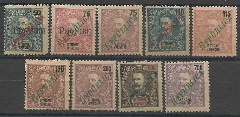 1739.jpg -     Lote:    1739            S. Tomé e Príncipe        Descrição:         1920 &mdash; D. Carlos I, com sobrecarga REPUBLICA local. CE235/241 + CE245/246. Valor de catálogo &euro; 75,40.         *       Valor Base:     &euro; 18,00     Valor Venda:     Retirado     