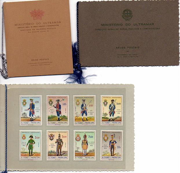 1742.jpg -     Lote:    1742            S. Tomé e Príncipe        Descrição:         1965/1970 &mdash; Uniformes do Exército + Centenário de S. Tomé e Príncipe + Centenário do Selo de S. Tomé e Príncipe. CE380/387, 397 e 400/402. Três séries, cada uma em carteira editada pelo Ministério do Ultramar.         CRT       Valor Base:     &euro; 12,00     Valor Venda:     &euro; 22,00       