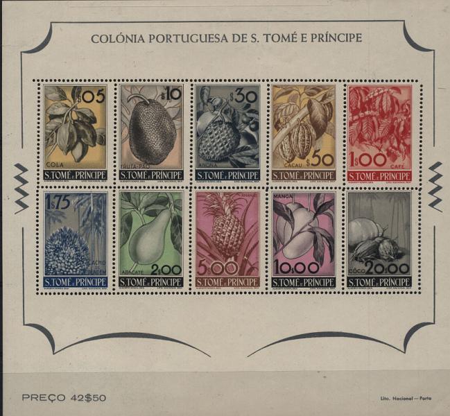 1744.jpg -     Lote:    1744            S. Tomé e Príncipe        Descrição:         1948 &mdash; Frutos de S. Tomé e Príncipe. CE BLC1. Bloco com goma original sem sinal de charneira, muito bem conservado. MR e MB. Valor de catálogo &euro; 480,00.         BLC***       Valor Base:     &euro; 150,00     Valor Venda:     Retirado     