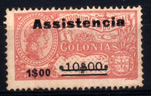 1748.jpg -     Lote:    1748            S. Tomé e Príncipe        Descrição:         1946 &mdash; Assistência. Selos fiscais de África, com sobretaxa. CE IP10, 1$00 s/ 10$00 rosa, tipo II com "e" em vez de "ê". Valor de catálogo &euro; 66,00.         RG***       Valor Base:     &euro; 20,00     Valor Venda:     &euro; 60,00       