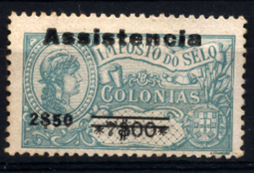1749.jpg -     Lote:    1749            S. Tomé e Príncipe        Descrição:         1946 &mdash; Assistência. Selos fiscais de África, com sobretaxa. NÃO CATALOGADO. 2$50 s/ 7$00 verde, tipo II com "e" em vez de "ê". Valor de catálogo.         ***       Valor Base:     &euro; 30,00     Valor Venda:     &euro; 95,00       