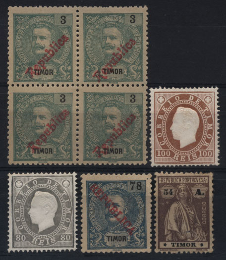 1751.jpg -     Lote:    1751            Timor        Descrição:         1886/1914 &mdash; D. Luís I + D. Carlos com REPUBLICA e Ceres. Lote de 4 selos CE17, 18, 160 e 201 + Quadra CE134. Valor aproximado de catálogo &euro; 97,00.         **/*       Valor Base:     &euro; 15,00     Valor Venda:     &euro; 24,00       