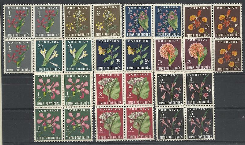1755.jpg -     Lote:    1755            Timor        Descrição:         1950 &mdash; Flores tropicais. CE275/284. Série completa em quadras. Dois selos da quadra de 5P com dois muito ligeiros pontos de óxido. Valor de catálogo &euro; 512,00.         ***/**       Valor Base:     &euro; 45,00     Valor Venda:     &euro; 50,00       