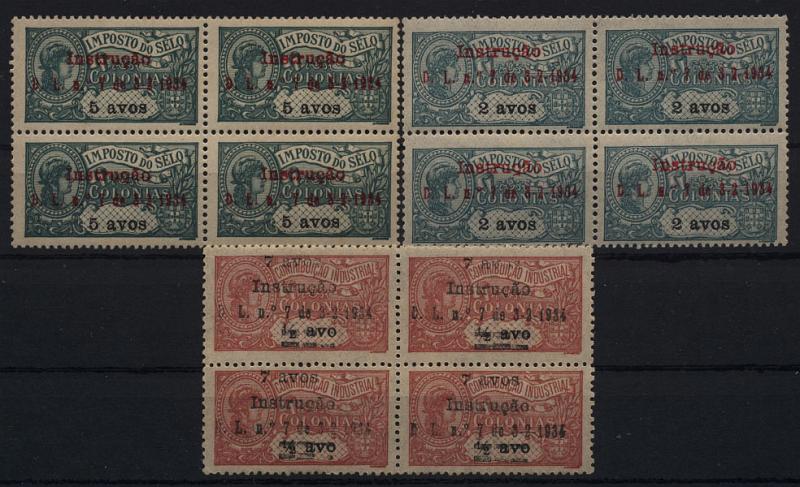 1760.jpg -     Lote:    1760            Timor        Descrição:         1934/35 &mdash; Imposto Postal. "Instrução". Selos fiscais da Ásia com sobrecarga. CE IP6/8. As duas séries em quadras. IP6/7 novo sem charneira e IP8 sem goma. Todas as quadras com a variante "5" em vez "ç" no 3.º selo (canto inferior esquerdo). Valor de catálogo &euro; 120,00.         ***/*       Valor Base:     &euro; 35,00     Valor Venda:     &euro; 60,00       