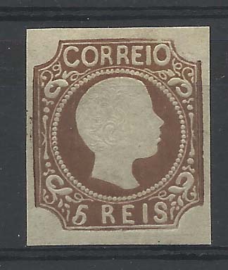 2086.jpg -     Lote:    2086            Portugal       Descrição:         Reimpressões de 1863 * 1856/58 &mdash; D. Pedro V. Cabelos anelados. CE10, 5 reis castanho bistre. Valor de catálogo &euro; 180,00.         R**       Valor Base:     &euro; 15,00     Valor Venda:     &euro; 15,00       
