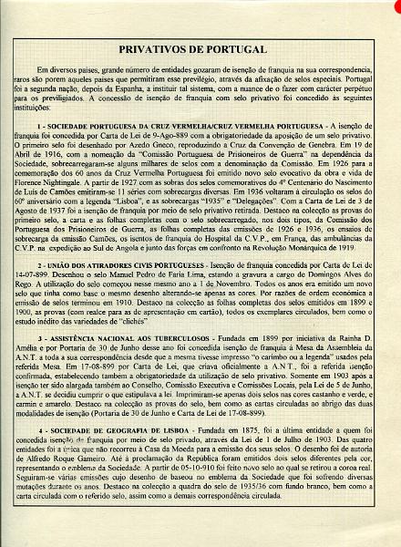 001 (1).jpg -     Lote:    1                   Descrição:         SELOS PRIVATIVOS DE PORTUGAL &mdash; Coleção especializada, com estudo das emissões da Cruz Vermelha Portuguesa, União dos Atiradores Civis Portugueses, Assistência Nacional aos Tuberculosos e Sociedade de Geografia de Lisboa, incluindo selos novos e usados, sobrescritos circulados, provas, erros, ensaios, etc.. Montada em 130 folhas de exposição tipo Lindner, provavelmente o maior espólio jamais reunido destas emissões, com exemplares de grande raridade e alguns deles únicos. Esta coleção participou em diversas exposições nacionais e internacionais, obtendo sempre medalha de ouro nas participações nacionais e bilaterais com Espanha e Brasil (Iberphila, Philaibéria e Lubrapex), com a pontuação máxima de 89 pontos em 100 nas exposições Philaibéria'02 em Santo André e Philaibéria'04 em Estremoz. Foram-lhe ainda atribuídos diversos prémios especiais e felicitações do júri pela qualidade do material filatélico e originalidade.         Lote       Valor Base:     &euro; 35.000,00     Valor Venda:     &euro;      