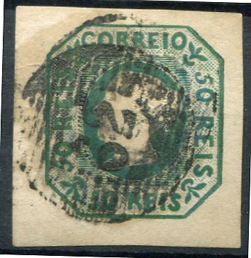 039.jpg -     Lote:    39                   Descrição:         1853 &mdash; D. Maria II. MF3, 50 reis verde-azul, com margens de luxo. Exemplar usado com carimbo de barras da 1.ª reforma "62 &mdash; LIXA", tipo 6.8.6, algo oleoso. Certificado de peritagem de Leilões P. Dias, Lda. Valor de catálogo &euro; 3.800,00.         O       Valor Base:     &euro; 500,00     Valor Venda:     &euro;      