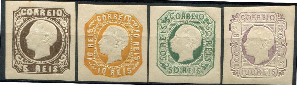050.jpg -     Lote:    50                   Descrição:         1862/64 &mdash; D. Luís I. Reimpressões de 1905. MF14/15 + 17/18. Série completa de reimpressões, com goma original e sinal de charneira, com boas margens. Valor de catálogo &euro; 600,00.         R**       Valor Base:     &euro; 90,00     Valor Venda:     &euro;      