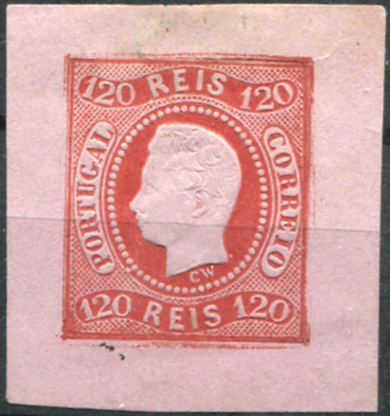 051.jpg -     Lote:    51                   Descrição:         1866 &mdash; D. Luís I, fita curva. Não denteados. Impressão com relevo. Desenho e gravura de Charles Wiener. Iniciais CW sob o pescoço. OM35, 120 reis. Prova de cor em papel espesso colorido, sem goma em carmim sobre rosa, com margens muito largas. Exemplar sem defeitos nem reparações. Valor de catálogo &euro; 280.00. MR.         PRV       Valor Base:     &euro; 120,00     Valor Venda:     &euro;      