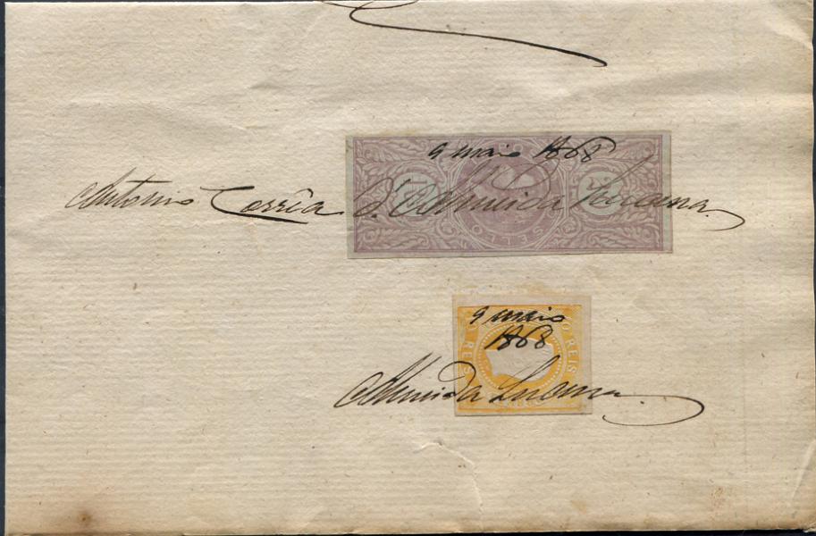 055.jpg -     Lote:    55                   Descrição:         1866/67 &mdash; D. Luís I. Fita curva, não denteados. MF20, 10 reis amarelo laranja em folha de processo judicial datado de 09.05.1868, utilizado com estampilha fiscal juntamente com estampilha fiscal do imposto do selo de 20 reis, lilás, tipo D. Luís I, PB IS2. Exemplar sem defeitos nem reparações.         DOC       Valor Base:     &euro; 280,00     Valor Venda:     &euro;      