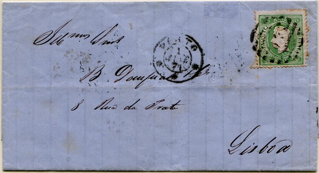 061.jpg -     Lote:    61                   Descrição:         1867/70 &mdash; D. Luís I. Fita curva, denteados. MF31, 50 reis verde claro, papel liso médio em carta circulada do Porto (01.01.71) para Lisboa (02.01.71). Exemplar sem reparações com ligeira oxidação no selo. Valor de catálogo &euro; 780.00.         Carta       Valor Base:     &euro; 190,00     Valor Venda:     &euro;      