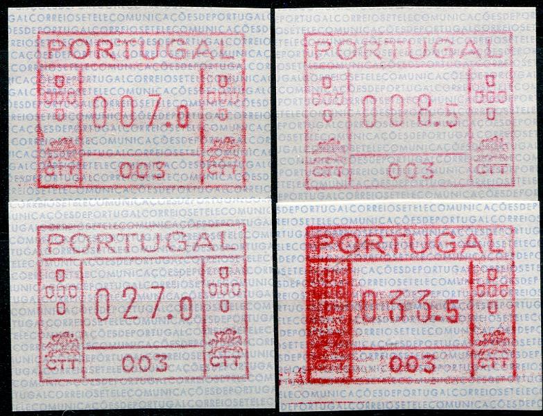130.jpg -     Lote:    130                   Descrição:         1981 &mdash; Correios e Telecomunicações de Portugal * Máquina FRAMA. MF ETQ1. Série completa (007.0 / 008.5 / 027.0 / 033.5. Máquina 003 * Faro. Valor de catálogo &euro; 260,00.         ETQ***       Valor Base:     &euro; 70,00     Valor Venda:     &euro;      