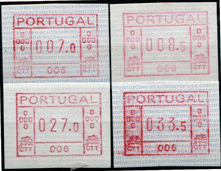 133.jpg -     Lote:    133                   Descrição:         1981 &mdash; Correios e Telecomunicações de Portugal * Máquina FRAMA. MF ETQ1. Série completa (007.0 / 008.5 / 027.0 / 033.5. Máquina 003 * Albufeira. Valor de catálogo &euro; 260,00.         ETQ***       Valor Base:     &euro; 70,00     Valor Venda:     &euro;      