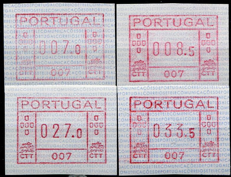 134.jpg -     Lote:    134                   Descrição:         1981 &mdash; Correios e Telecomunicações de Portugal * Máquina FRAMA. MF ETQ1. Série completa (007.0 / 008.5 / 027.0 / 033.5. Máquina 003 * Lagos. Valor de catálogo &euro; 260,00.         ETQ***       Valor Base:     &euro; 70,00     Valor Venda:     &euro;      