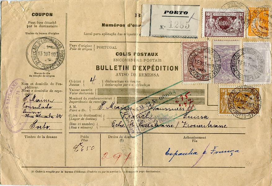 142.jpg -     Lote:    142                   Descrição:         1917/21 &mdash; Ceres. Novas taxas e cores + Encomendas Postais * Comércio e Indústria. Boletim de expedição de encomenda postal remetida do Porto (13.10.23) para a Suíça (05.11.23) com selo de 2C laranja, papel liso, denteado 12x11 &frac12; tipo Ceres, MF223d, para pagar o preço do impresso e selos de $01, $05, $90, 2$00 e 10$00, MF EP1, 3, 11, 13 e 17. Impresso com dobra vertical, porém sem reparações e grande raridade.         DOC       Valor Base:     &euro; 150,00     Valor Venda:     &euro;      