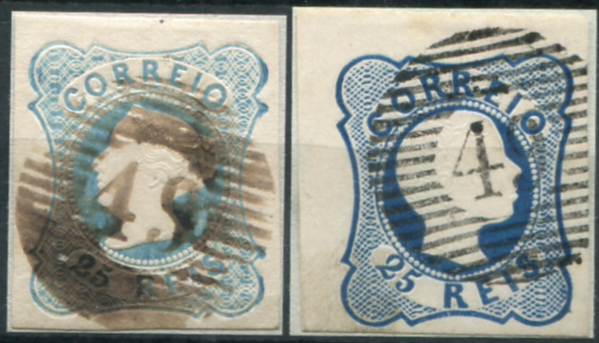178.jpg -     Lote:    178                   Descrição:         1853/58 &mdash; D. Maria II + D. Pedro V. Cabelos anelados. Lote composto por dois selos: MF2, 25 reis azul claro, cunho I, com margens normais + MF11, 25 reis azul, linhas simples com duas margens de luxo e duas curtas. Ambos obliterados com carimbos numéricos da 1.ª reforma, o primeiro batido a sépia e o segundo a preto "49 &mdash; HORTA". MB.         O       Valor Base:     &euro; 35,00     Valor Venda:     &euro;      