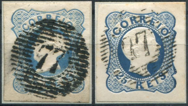 181.jpg -     Lote:    181                   Descrição:         1853/58 &mdash; D. Maria II + D. Pedro V, cabelos anelados. MF2, 25 reis azul, cunho II + MF12, 25 reis azul, linhas duplas. Lote com dois selos, com boas margens, obliterados com carimbos numéricos da 1.ª reforma batidos a preto "77 &mdash; COIMBRA", tipo 6.8.6, com diferença nas hastes superiores dos números "7".         O       Valor Base:     &euro; 15,00     Valor Venda:     &euro;      