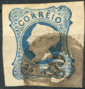 183.jpg -     Lote:    183                   Descrição:         1853 &mdash; D. Maria II. MF2, 25 reis azul cunho II, com três margens de luxo e uma normal, obliterado com carimbo numérico da 1.ª reforma, batido a sépia "80 &mdash; SANTO ANDRÉ DE POYARES", tipo 20 barras.         O       Valor Base:     &euro; 25,00     Valor Venda:     &euro;      