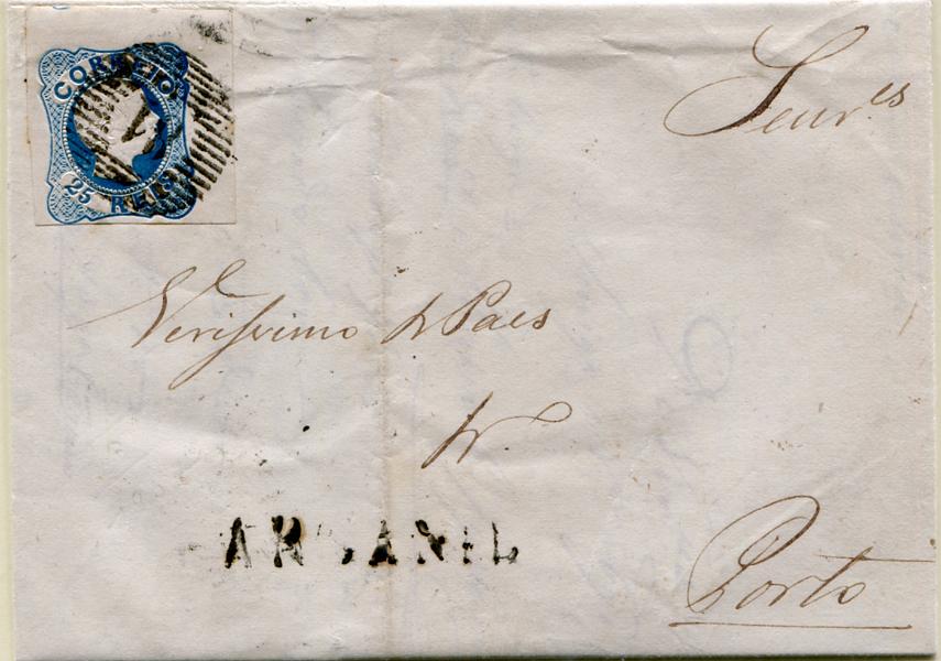 184.jpg -     Lote:    184                   Descrição:         1856/58 &mdash; D. Pedro V. Cabelos anelados. MF12, 25 reis azul, linhas duplas. Selo canto de folha em carta circulada de Góis (16.03.57) para o Porto (19.03.57), obliterado com carimbo numérico da 1.ª reforma batido a preto "81 &mdash; ARGANIL", tipo 6.8.6 e nominativo a preto de "ARGANIL". MB.         Carta       Valor Base:     &euro; 30,00     Valor Venda:     &euro;      