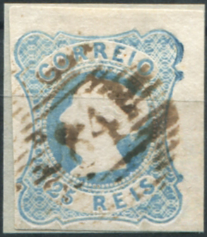 185.jpg -     Lote:    185                   Descrição:         1853 &mdash; D. Maria II. MF2, 25 reis azul claro, cunho I, com duas margens de luxo e duas curtas, obliterado com carimbo numérico da 1.ª reforma, batido a sépia "84 &mdash; CÊA", tipo 6.8.6. MR.         O       Valor Base:     &euro; 25,00     Valor Venda:     &euro;      