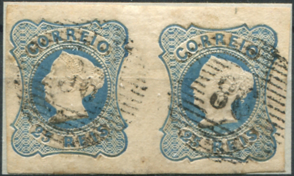 186.jpg -     Lote:    186                   Descrição:         1853 &mdash; D. Maria II. MF2, 25 reis azul, cunho II. Par horizontal com duas margens de luxo e duas normais, obliterado com carimbo numérico da 1.ª reforma, batido a preto "86 &mdash; FARINHA PODRE depois LOUZAN", tipo 6.8.6. Raridade 5. MR.         O       Valor Base:     &euro; 50,00     Valor Venda:     &euro;      
