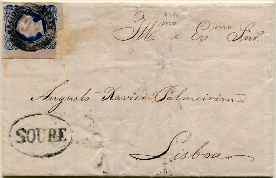 192.jpg -     Lote:    192                   Descrição:         1853 &mdash; D. Maria II. MF2, 25 reis azul escuro, cunho II, com margens de luxo a curtas, em carta circulada de Soure (24.10.54) para Lisboa (26.10.54), obliterado com carimbo numérico da 1.ª reforma "99 &mdash; SOURE" tipo 6.8.6 + nominativo a preto "SOURE".         Carta       Valor Base:     &euro; 50,00     Valor Venda:     &euro;      