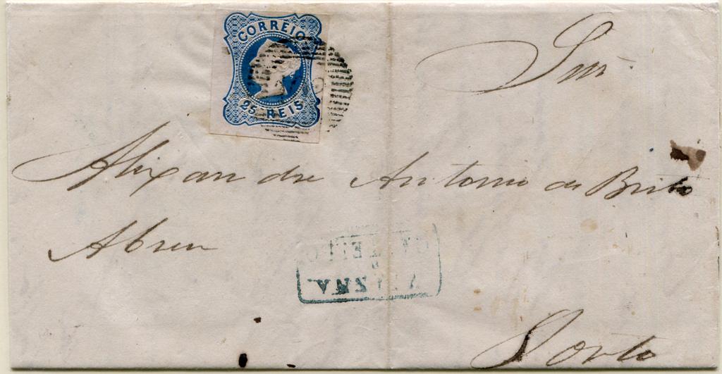 193.jpg -     Lote:    193                   Descrição:         1853 &mdash; D. Maria II. MF2, 25 reis azul claro, cunho II, com margens largas a curtas, circulada de Viana do Castelo (11.12.53) para o Porto (12.12.53), obliterado com carimbo numérico da 1.ª reforma, batido a preto "102 &mdash; VIANNA", tipo 20 barras + nominativo do período pré-adesivo batido a verde/azul "VIANNA DO CASTELLO".         Carta       Valor Base:     &euro; 25,00     Valor Venda:     &euro;      