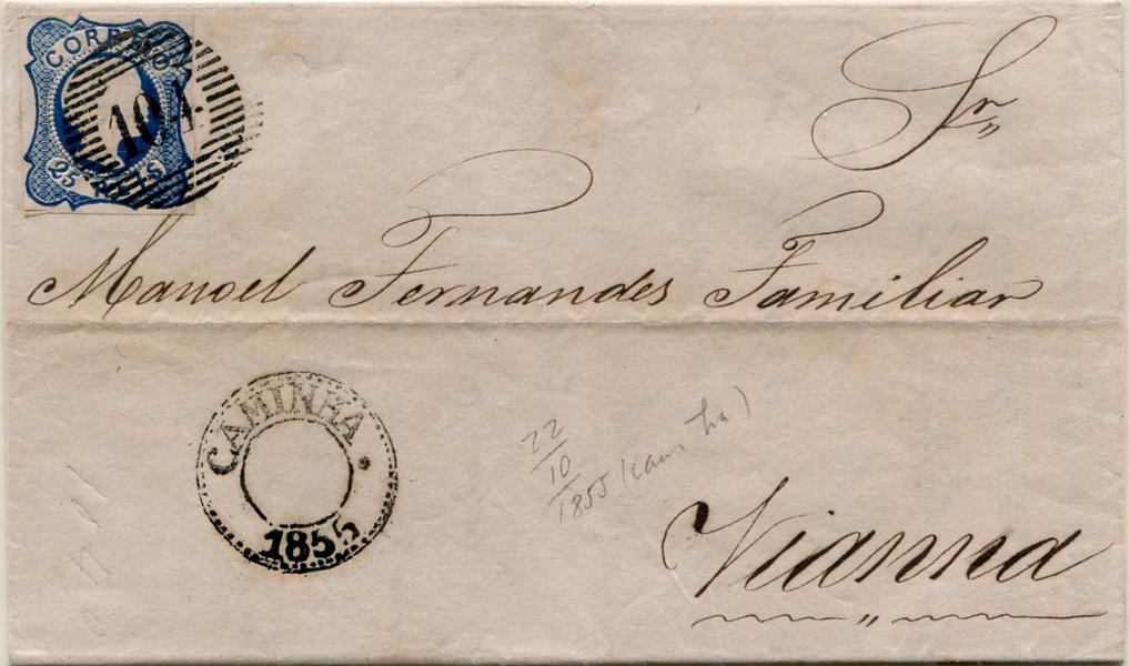 195.jpg -     Lote:    195                   Descrição:         1855/56 &mdash; D. Pedro V. Cabelos lisos. MF7, 25 reis azul, cunho II, com margens curtas, em carta circulada de Caminha (22.10.55) para Viana, obliterado com carimbo numérico da 1.ª reforma batido a preto "104 &mdash; CAMINHA", tipo 4.10.4 + carimbo de duplo círculo datado (sem datador para o dia e mês), batido a preto "CAMINHA / 1855". MB e MR.         Carta       Valor Base:     &euro; 100,00     Valor Venda:     &euro;      