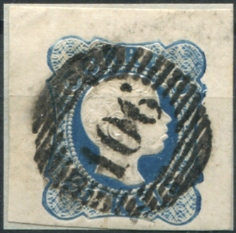 196.jpg -     Lote:    196                   Descrição:         1856/58 &mdash; D. Pedro V. Cabelos anelados. MF12, 25 reis azul, linhas duplas, com 3 margens de luxo (jumbo) e uma margem curta, obliterado com carimbo numérico da 1.ª reforma, batido a preto "106 &mdash; MELGAÇO", tipo 4.10.4. MB.         O       Valor Base:     &euro; 15,00     Valor Venda:     &euro;      