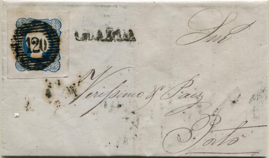 203.jpg -     Lote:    203                   Descrição:         1856/58 &mdash; D. Pedro V. Cabelos anelados. MF12, 25 reis azul, linhas duplas, com margens de luxo, em carta circulada da Guarda (25.10.57) para o Porto (28.10.57), obliterado com carimbo numérico da 1.ª reforma, batido a preto/sépia "120 &mdash; GUARDA", tipo 5.9.5 + carimbo nominativo do período pré-adesivo "GUARDA", batido a preto. MB.         Carta       Valor Base:     &euro; 50,00     Valor Venda:     &euro;      