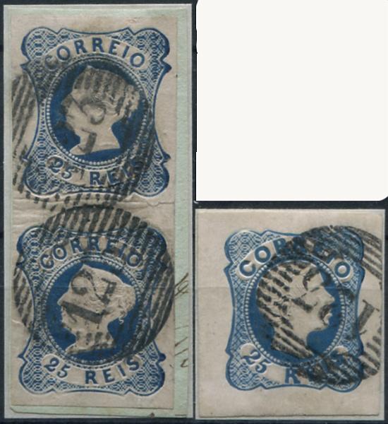 204.jpg -     Lote:    204                   Descrição:         1853/58 &mdash; D. Maria II + D. Pedro V, cabelos anelados. Lote composto por par vertical de 25 reis azul escuro, cunho II, com margens normais, MF2 + 25 reis azul, linha duplas, com margens de luxo, obliterados com carimbo numérico da 1.ª reforma, batido a preto "123 &mdash; MANGUALDE", tipo 5.10.5.         FRG/O       Valor Base:     &euro; 20,00     Valor Venda:     &euro;      