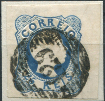 205.jpg -     Lote:    205                   Descrição:         1856/58 &mdash; D. Pedro V. Cabelos anelados. MF12, 25 reis azul, linhas duplas, com margens de luxo, obliterado com carimbo numérico da 1.ª reforma, batido a preto "129 &mdash; PINHEL", tipo 5.10.5.         O       Valor Base:     &euro; 20,00     Valor Venda:     &euro;      
