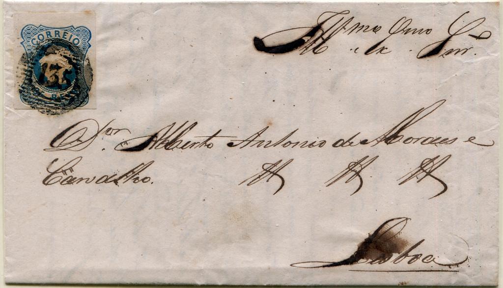 208.jpg -     Lote:    208                   Descrição:         1853 &mdash; D. Maria II. MF2, 25 reis azul, cunho II, com margens de luxo a normais em carta circulada de Vouzela (26.05.54) para Lisboa (30.05.54), obliterado com carimbo numérico da 1.ª reforma, batido a preto "135 &mdash; VOUZELLA", tipo 5.10.5. MB.         Carta       Valor Base:     &euro; 50,00     Valor Venda:     &euro;      