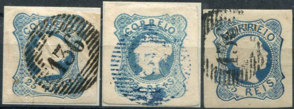 210.jpg -     Lote:    210                   Descrição:         1853/58 &mdash; D. Maria II + D. Pedro V, cabelos lisos. Lote com 3 selos: dois exemplares MF2, 25 reis azul escuro e azul claro, cunho I + MF6, 25 reis azul, cunho I. Selos com margens de luxo, obliterados com carimbos numéricos da 1.ª reforma, batidos a preto e azul "136 &mdash; SANTARÉM", tipo 5.10.5.          O       Valor Base:     &euro; 30,00     Valor Venda:     &euro;      