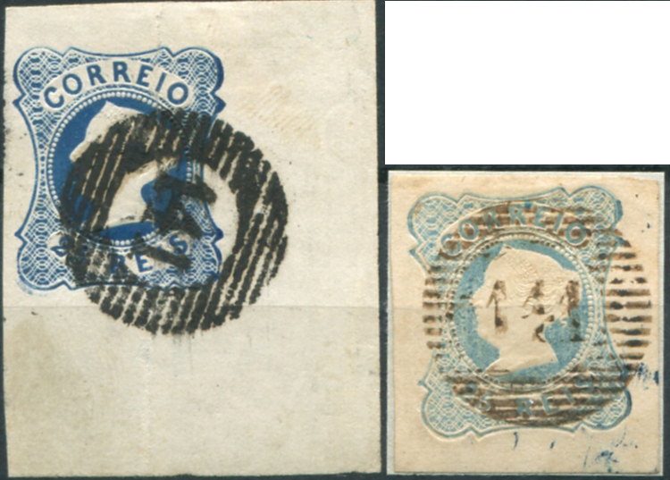 212.jpg -     Lote:    212                   Descrição:         1853 &mdash; D. Maria II. MF2, 25 reis. Lote composto por dois selos: um em azul escuro, cunho II, em canto de folha, com margens de luxo + outro em azul esverdeado, com margens de luxo. Ambos obliterados com carimbo numérico da 1.ª reforma, o primeiro batido a preto e o segundo batido a sépia "141 &mdash; CASTELO BRANCO". MB.         O       Valor Base:     &euro; 35,00     Valor Venda:     &euro;      