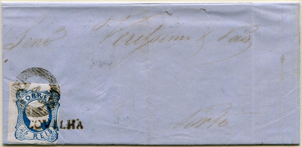 213.jpg -     Lote:    213                   Descrição:         1856/58 &mdash; D. Pedro V. Cabelos anelados. MF12, 25 reis azul, linhas duplas, com margens de luxo a curtas, em carta circulada da Covilhã (05.02.57) para o Porto (12.02.57), obliterado com carimbo numérico da 1.ª reforma "145 &mdash; COVILHÃ" e nominativo do período pré-adesivo "COVILHÃ", batido a preto/sépia. B.         Carta       Valor Base:     &euro; 50,00     Valor Venda:     &euro;      