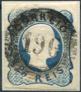 229.jpg -     Lote:    229                   Descrição:         1856/58 &mdash; D. Pedro V. Cabelos anelados. MF12, 25 reis azul, linhas simples, com margens curtas/normais, obliterado com carimbo numérico da 1.ª reforma, batido a preto "196 &mdash; CASTRO VERDE", tipo 5.10.5. MR.         O       Valor Base:     &euro; 30,00     Valor Venda:     &euro;      