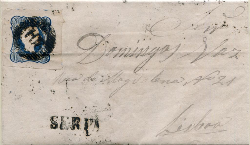 232.jpg -     Lote:    232                   Descrição:         1856/58 &mdash; D. Pedro V. Cabelos anelados. MF11, 25 reis azul, cunho I (linhas simples), com margens de luxo excecional, em carta circulada de Serpa (13.07.56) para Lisboa (15.07.56), obliterado com carimbo numérico da 1.ª reforma (204 &mdash; SERPA), tipo 5.10.5, e nominativo pré-adesivo SERPA. Exemplar raro, muito bonito sem reparações e com ligeira dobra horizontal.         Carta       Valor Base:     &euro; 150,00     Valor Venda:     &euro;      