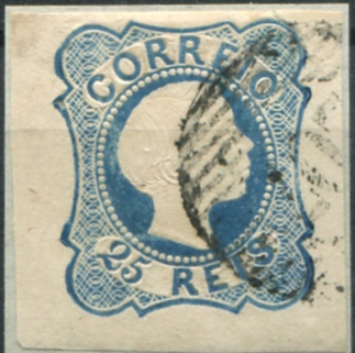 233.jpg -     Lote:    233                   Descrição:         1855/56 &mdash; D. Pedro V. Cabelos lisos. MF6, 25 reis azul, cunho I, com três margens de luxo e uma normal, obliterado com carimbo numérico da 1.ª reforma, batido a preto "207 &mdash; VIDIGUEIRA", tipo 5.10.5. R.         O       Valor Base:     &euro; 30,00     Valor Venda:     &euro;      