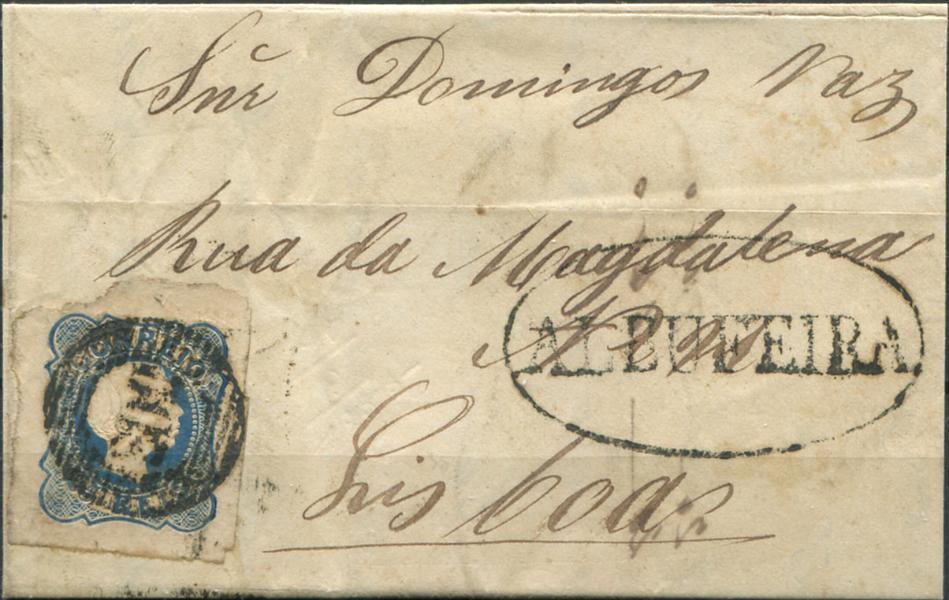 234.jpg -     Lote:    234                   Descrição:         1855/56 &mdash; D. Pedro V. Cabelos lisos. MF6, 25 reis azul, cunho I, com margens de luxo, em carta circulada de Alcantarilha (23.03.56) para Lisboa (29.03.55), obliterado com carimbo numérico da 1.ª reforma, batido a preto "209 &mdash; ALBUFEIRA" + nominativo do período pré-adesivo, batido a preto "ALBUFEIRA".         Carta       Valor Base:     &euro; 40,00     Valor Venda:     &euro;      