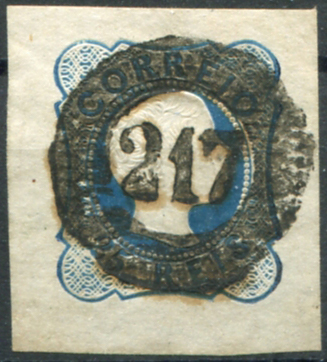 240.jpg -     Lote:    240                   Descrição:         1856/58 &mdash; D. Pedro V. Cabelos anelados. MF12, 25 reis azul, linhas simples, com margens de luxo, obliterado com carimbo numérico da 1.ª reforma, batido a preto "217 &mdash; TAVIRA", tipo 5.10.5. MR e MB.         O       Valor Base:     &euro; 30,00     Valor Venda:     &euro;      